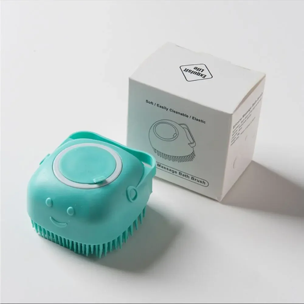 NEW blue square massaging shampoo dispenser grooming silicone dog bath brush 190